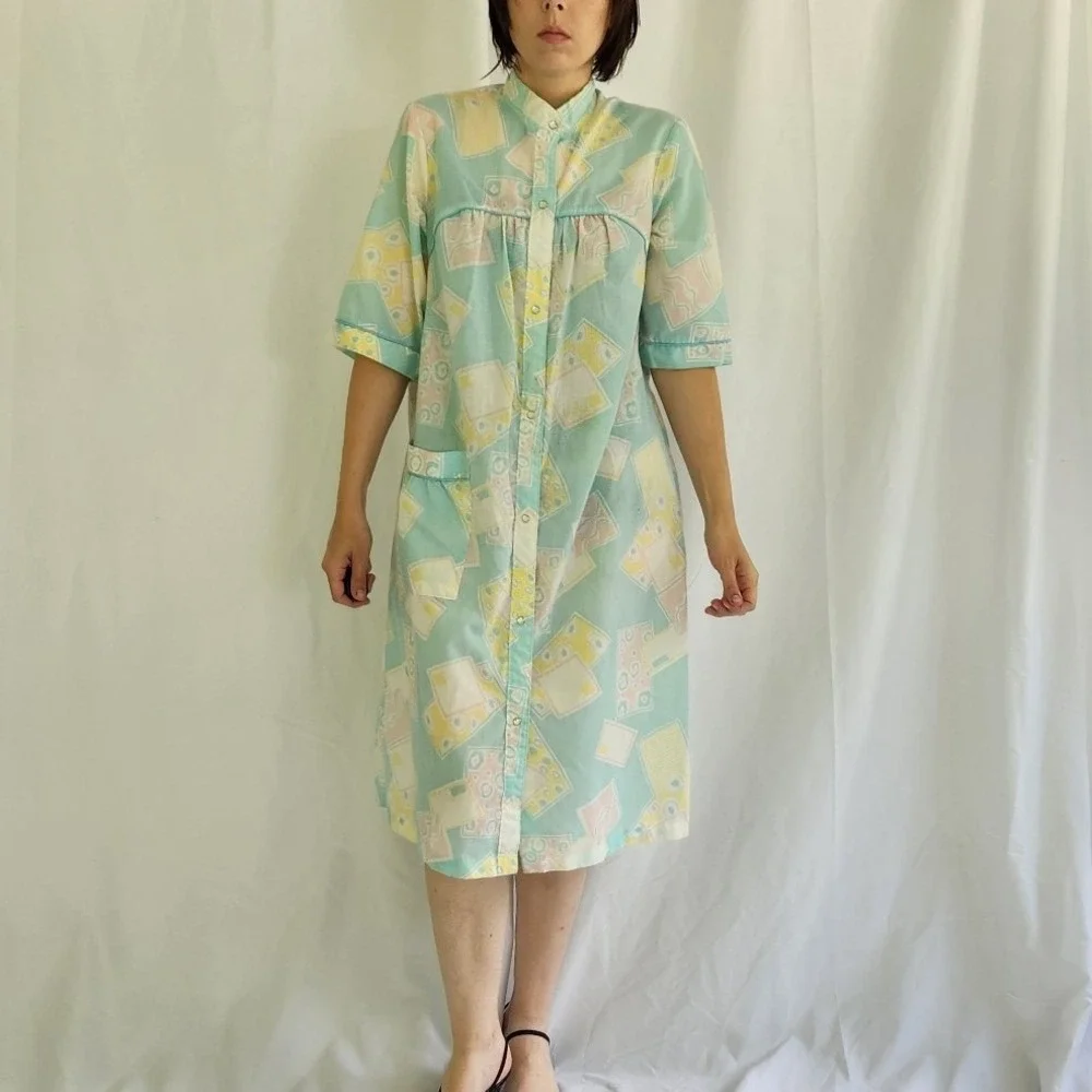 80s Pastel Geometric Print House Dress‎